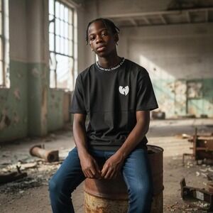 Wu-Tang Clan Hip Hop Black Short Sleeve Tee Logo and Words Around Crew Neck Med.